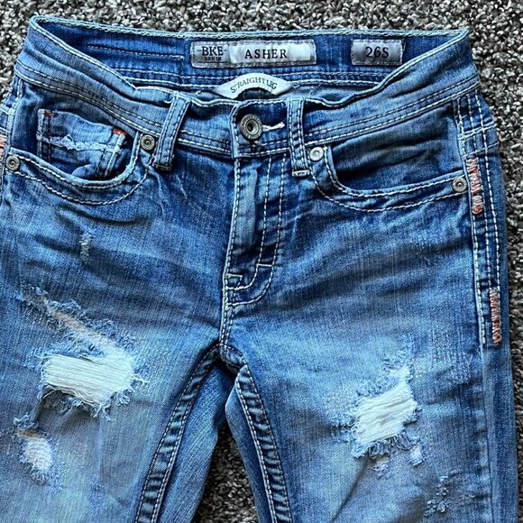 BKE Asher Blue Denim Jeans Size 26 Distressed Y2K Grunge Preppy Straight Leg - Picture 2 of 6